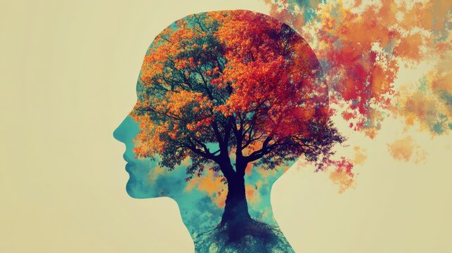 Abstract illustration conveying mental health awareness with vibrant colors and symbolic imagery, ideal for campaigns and educational resources.

