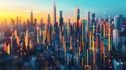 Cityscape sunset, financial data overlay, urban development, future tech