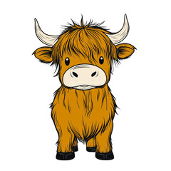 Adorable cartoon-style Highland cow with shaggy brown fur and curved horns, facing forward with a friendly expression.  
