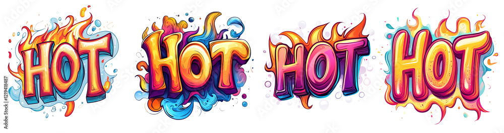 Aufkleber A stylized graphic depiction of the word HOT in four different color variations surrounded by flames and colorful abstract elements.
