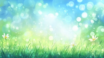 Obraz premium Green grass and a brilliant blue sky create a serene spring meadow, enhanced with light bokeh and ample space for text.