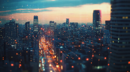 Fototapeta premium Smart digital Innovation city with connection network reciprocity over the twilight cityscape. of future smart wireless digital city and social media networking systems that connects people with city