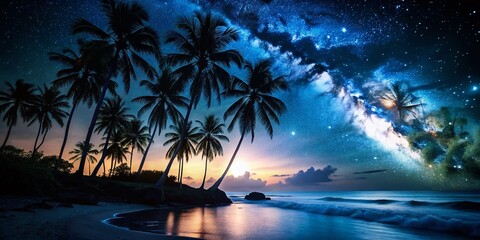 Silhouetted Palm Trees on Tropical Island Beach at Night
