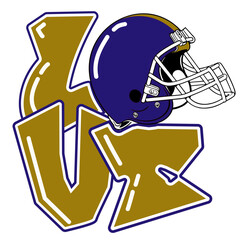 love - Metallic gold and royal purple football player helmet, sport vector graphics, hockey, for street art - graffiti lettering typography - art illustration - multicolor - writen	