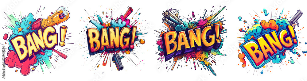 Aufkleber a vibrant graphic design featuring four colorful bang explosions with guns, created in a dynamic com