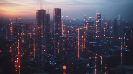 Fototapeta premium Smart digital Innovation city with connection network reciprocity over the twilight cityscape. of future smart wireless digital city and social media networking systems that connects people with city