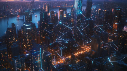Fototapeta premium Smart digital Innovation city with connection network reciprocity over the twilight cityscape. of future smart wireless digital city and social media networking systems that connects people with city