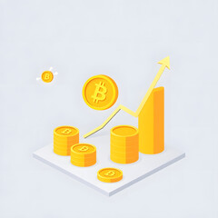 Isometric illustration of Bitcoin growth with a rising yellow arrow, bars, and stacks of gold coins on a light gray platform