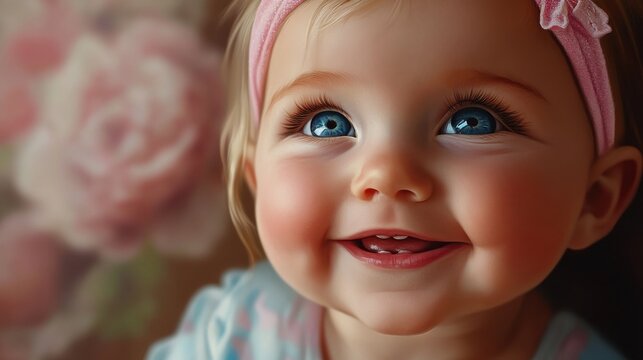 A close-up portrait of a happy baby girl with blue eyes and a pink headband, looking at the camera and smiling.