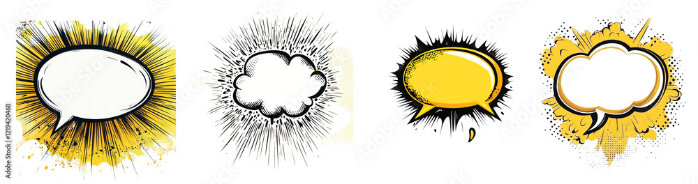 Poster a collection of four stylized speech bubbles in yellow and black comic book style with varying shape