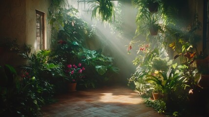 Fototapeta premium Sunbeams Illuminating a Lush Indoor Garden