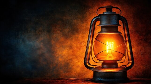 An old-fashioned kerosene lantern with a glowing light bulb inside, casting warm light on a rustic wooden table.
