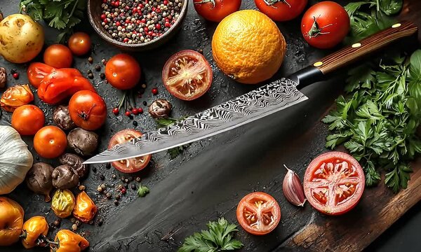 Damascus chef's knife on a dark surface surrounded by fresh vegetables and spices.
