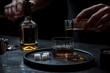 Detailed image of a bartender crafting an Old Fashioned with tools in elegant lighting.