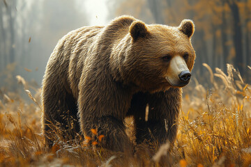 Obraz premium Majestic Brown Bear in Autumnal Forest Habitat