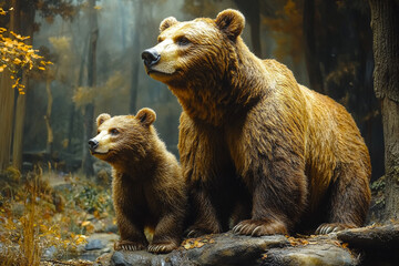 Obraz premium Mother Bear and Cub in Autumn Forest Habitat
