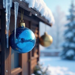 Blue glass Christmas balls and icicles hanging from the eaves of a snowy cottage, sparkling ball, wintery scene