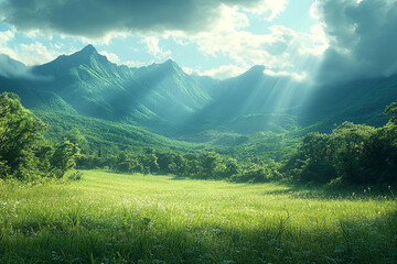 Obraz premium Serene Green Meadow Surrounded by Majestic Mountains