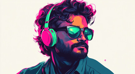 A man wearing green headphones, a short beard and sunglasses on a white background.