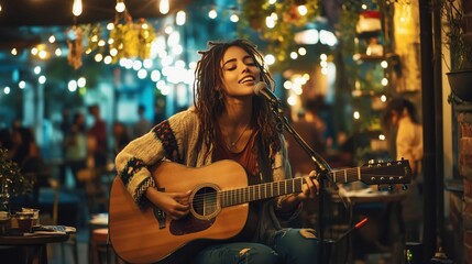 Obraz premium Female musician singing at outdoor café 