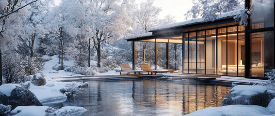 Fototapeta premium A modern Japanese-style house surrounded by snow-covered trees, an outdoor hot spring pool and clear water reflecting the sky.