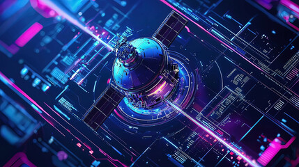 Fototapeta premium Holographic interface showing a rotating 3D satellite, glowing neon beams illuminating intricate mechanical parts, futuristic design