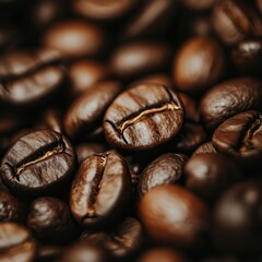 Naklejka premium Coffee culture: The perfect grind by a barista. Close-up of rich, roasted coffee beans in a dark background.