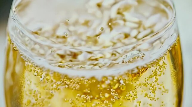 Sparkling beer bubbles, close-up, refreshment, glass, pub background, drink advertising