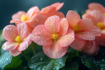 Dewdrops Adorn Delicate Pink Begonias Blooms
