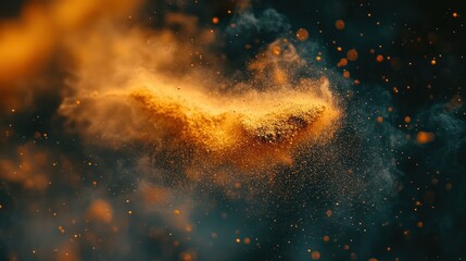 Obraz premium Orange powder explosion, dark background, studio shot, abstract art