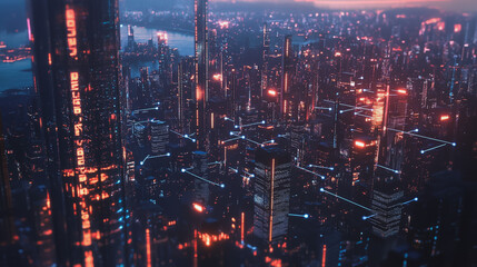 Fototapeta premium Smart digital Innovation city with connection network reciprocity over the twilight cityscape. of future smart wireless digital city and social media networking systems that connects people with city