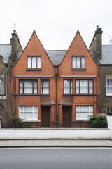 Fototapeta premium Unique two-family brick home featuring distinct gable roofs, situated on a quiet street in an urban area during a cloudy day