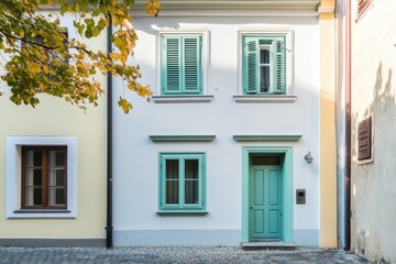 Charming pastel house with mint green shutters and door located on a cobblestone street under vibrant autumn foliage during daylight hours
