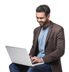 Portrait of handsome smiling young man with laptop isolated transparent PNG, Joyful cheerful casual businessman looking at computer and typing keyboard
