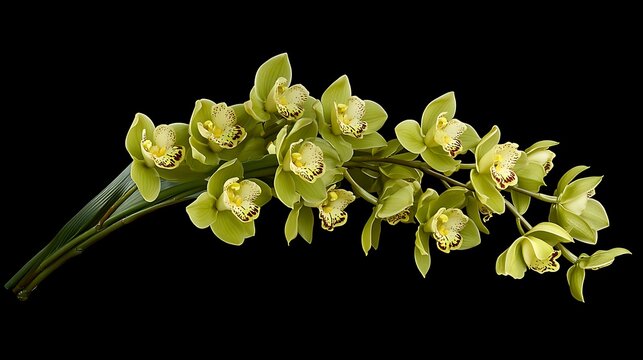 Elegant Green Orchid Branch on Black Background