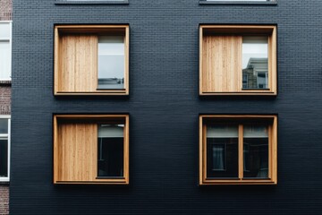 Modern urban building facade showcasing wooden window frames and dark brick exterior in a contemporary architectural design