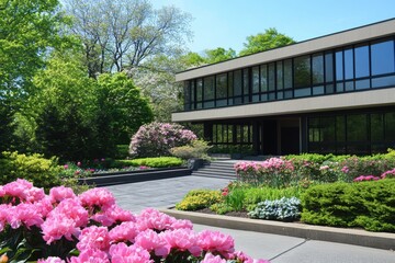 Naklejka premium Beautiful spring day at a modern architectural building surrounded by vibrant blooming flowers and lush greenery in a public garden setting