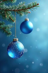 Fototapeta premium Blue glass ornaments suspended from a evergreen branch, icy, frosty