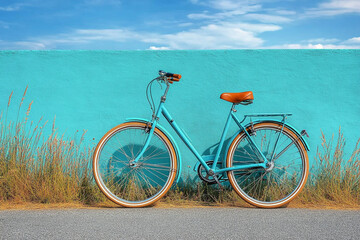 Obraz premium Teal Bicycle Against A Turquoise Wall Outdoors