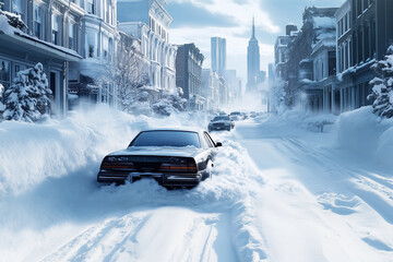 Winter City Street with Snow-Covered Cars and Buildings. Frosty Urban Scene with Heavy Snowfall. Dreamy and Serene Atmosphere Perfect for Seasonal and Travel-Themed Uses. AI generated