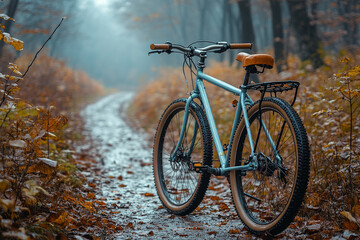 Fototapeta premium Bicycle on Autumn Forest Path in the Mist