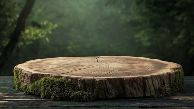 wood stump platform, mossy base, forest backdrop, foggy background, natural stage,  organic pedestal, circular wooden surface, photorealistic render, high detail, cinematic lighting
