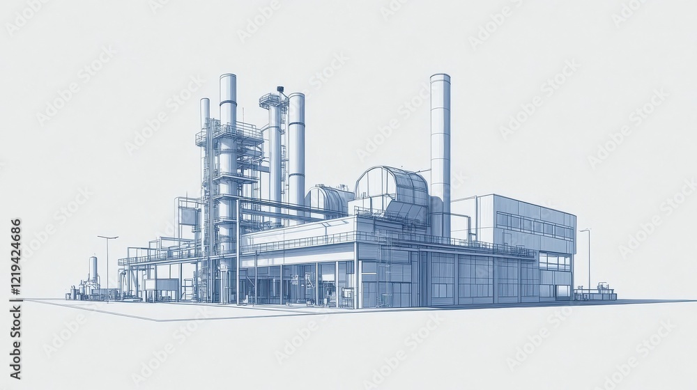 Poster simple drawing of a smart factory with automated processes, [industry 4.0], [manufacturing], no logo