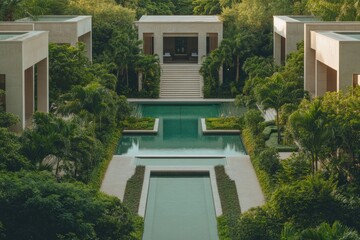Fototapeta premium Modern architecture blends seamlessly with lush greenery, creati