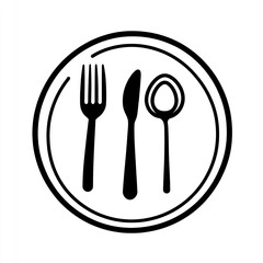 Black cutlery set on white background in a circle for use as restaurant icon