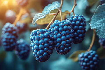 Ripe Blue Blackberries Cluster On Branch