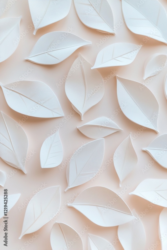 Poster a minimalist design features overlapping leaf shapes in soft monochromatic tones on a clean pastel b