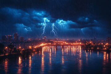 Fototapeta premium Lightning storm over city during extreme weather event