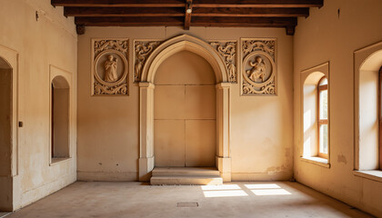 Fototapeta premium Aged architectural room with intricate motifs at sunrise, serene ambiance