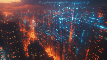 Fototapeta premium Smart digital Innovation city with connection network reciprocity over the twilight cityscape. of future smart wireless digital city and social media networking systems that connects people with city